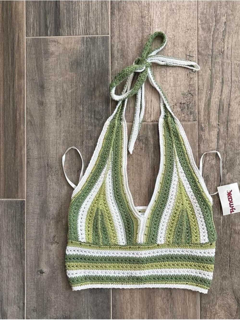 Handmade Crochet Halter Top in Olive & White